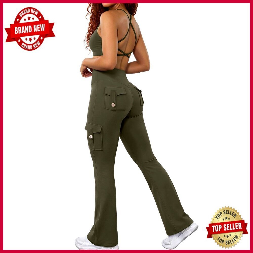 High Waisted Flare Leggings with Pockets and Sports Bra Workout Set